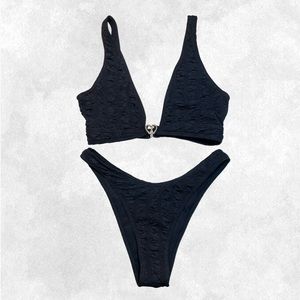 Black Textured Deep V-Neck Backless Cheeky High-Cut Bikini